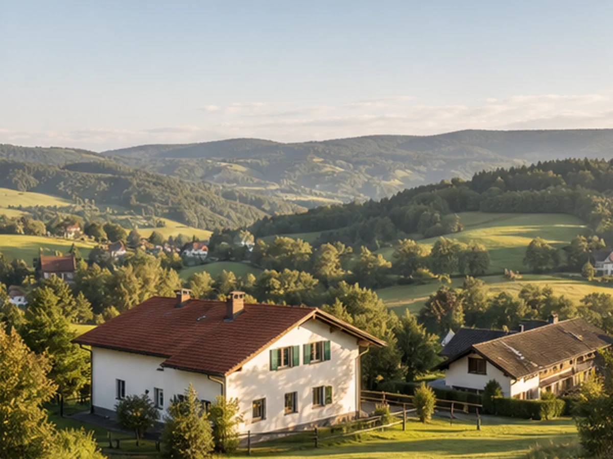 Sonnige österreichische Hügellandschaft mit Wohnhäusern