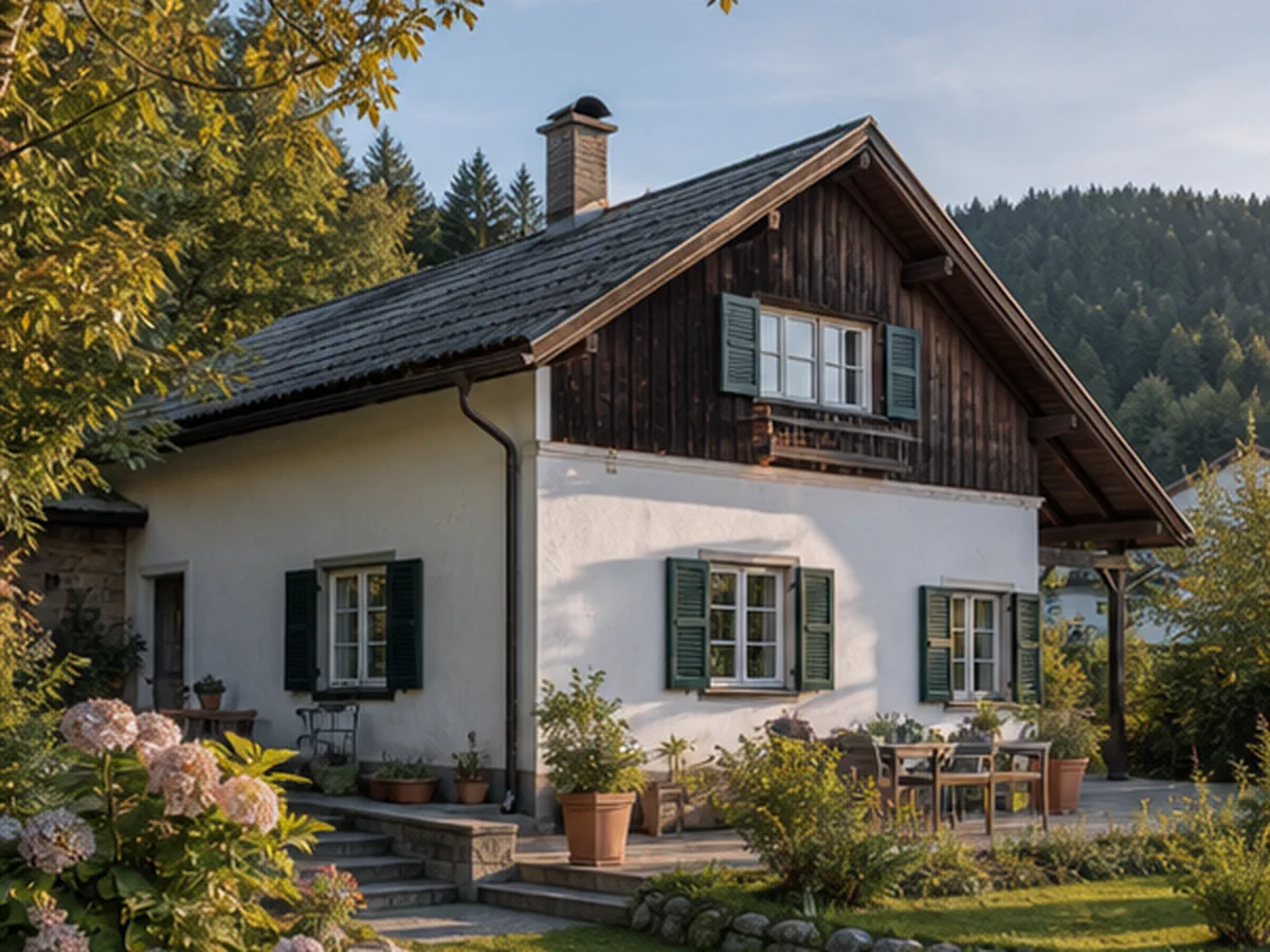 Heller Wohnraum mit Fenstern und begrünter Terrasse